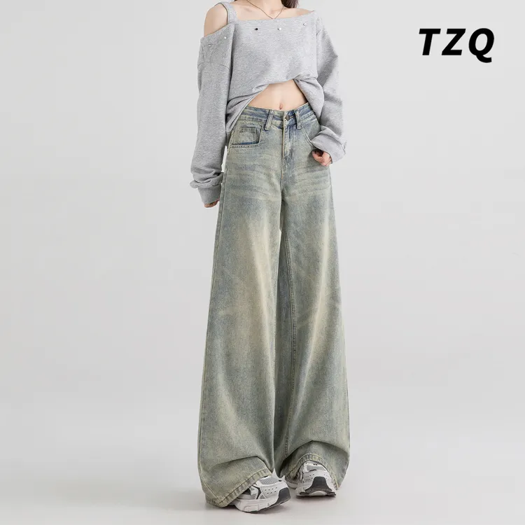 美式复古宽松阔腿牛仔裤女秋季高腰水洗显瘦拖地长裤 TZQ110114
