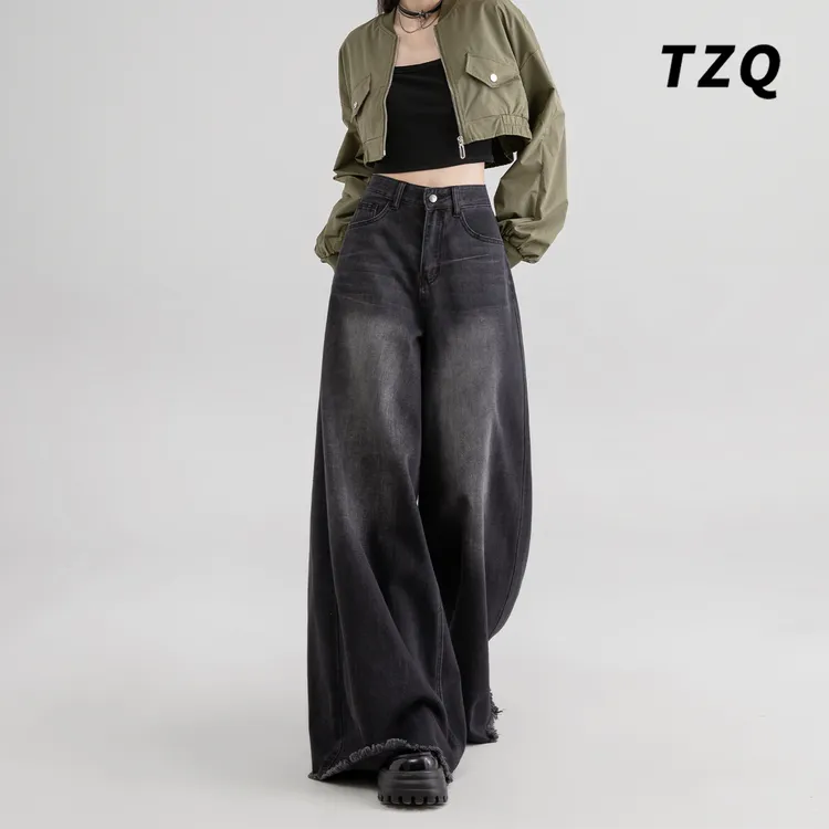 黑灰阔腿牛仔裤女爆款2025秋季新款高腰显瘦遮肉大裤脚毛边拖地裤