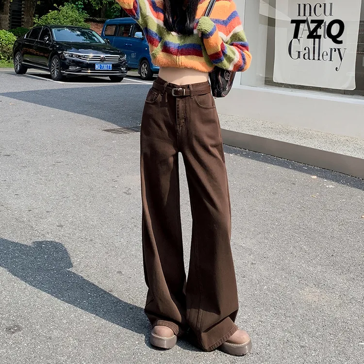 美式棕色直筒牛仔裤女百搭高腰宽松直筒显瘦阔腿裤TZQ121371
