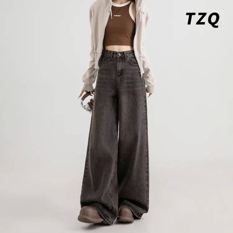 复古摩卡棕直筒牛仔裤女装美式高腰显瘦阔腿裤2025新款TZQ92856
