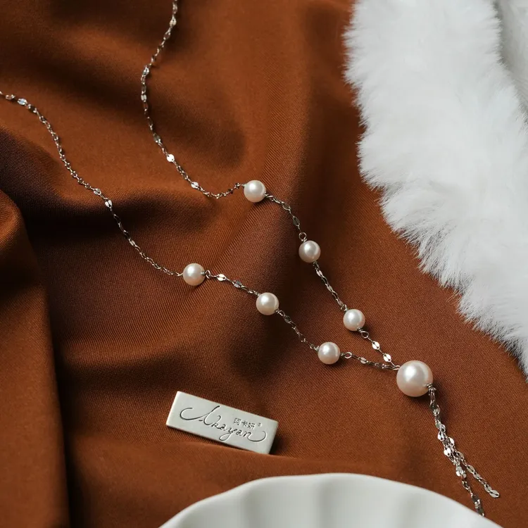 阿卡妍 链子925银 爆闪嘴唇链珠珠Y字链项链甜美设计感气质女颈链