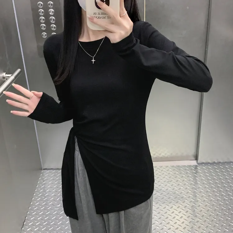 1028-早秋季开叉设计感中长款宽松圆领长袖t恤女打底衫显瘦潮