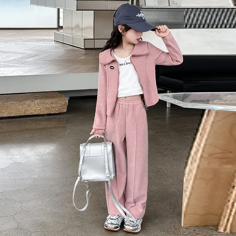 女童韩版纯色套装洋气春装2024新款中大儿童淑女风两件套阔腿裤潮