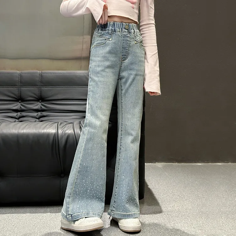 女童带钻喇叭裤弹力修身2025春季新款儿童牛仔裤高腰显瘦春秋裤子