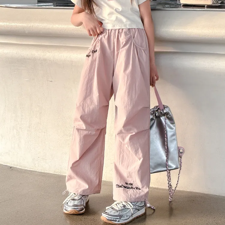 女童速干裤春夏薄款字母刺绣休闲裤2024新款洋气中大儿童阔腿裤潮