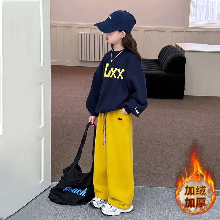 女童字母撞色卫衣套装韩版洋气2025新款中大童冬季加绒两件套宽松
