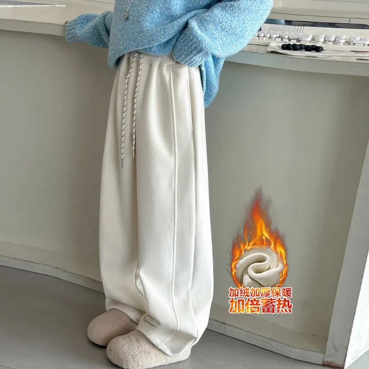 女童冬季加绒弯刀裤高腰显瘦2025新款中大童加厚保暖休闲裤阔腿裤