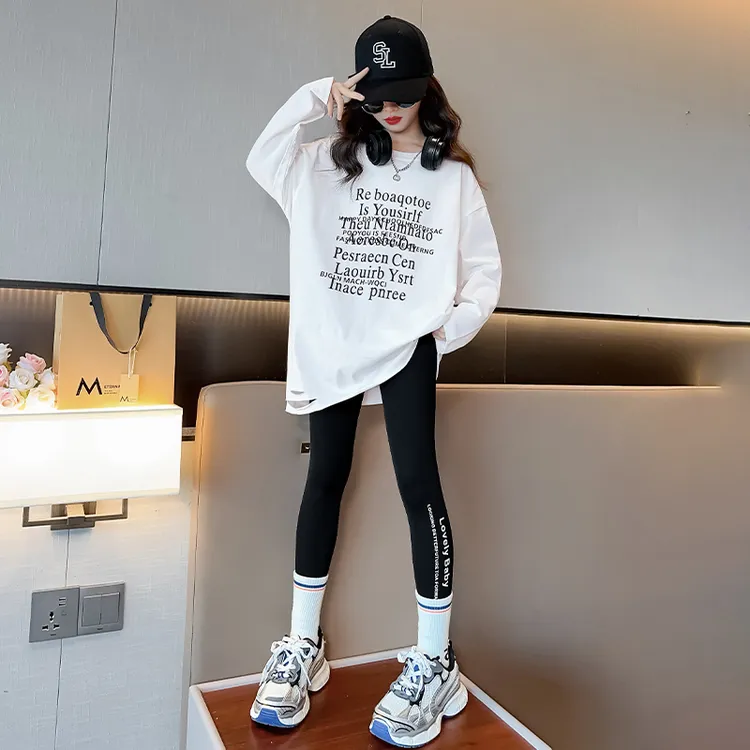 女童白色字母打底衫中长款2024春秋新款儿童长袖t恤内搭外穿洋气