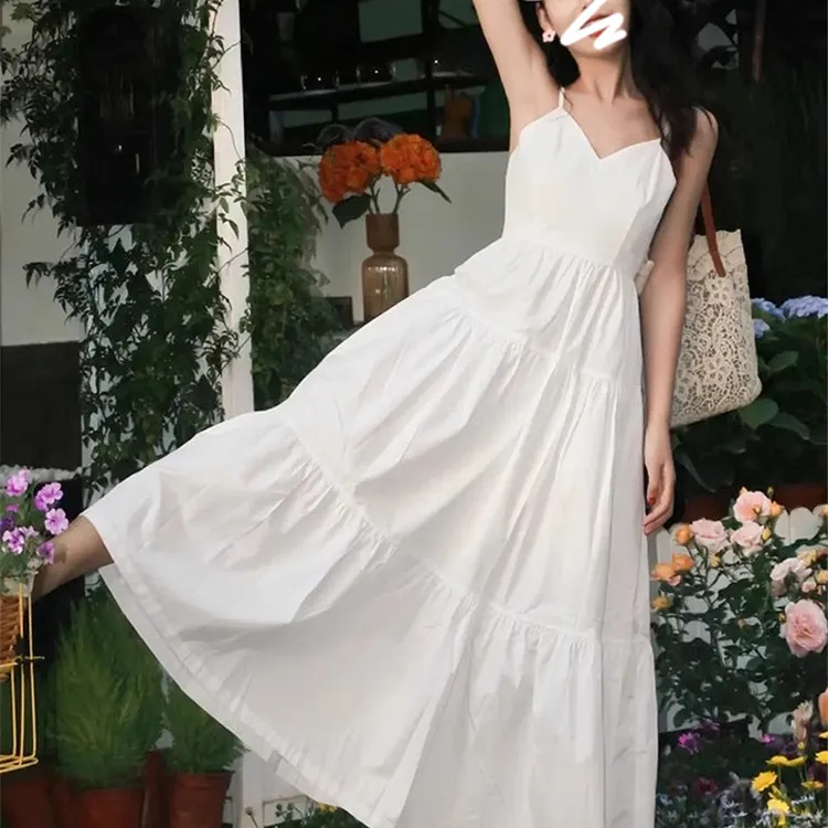 法式白色V领吊带裙原版气质高腰设计甜美复古小众中长款连衣裙