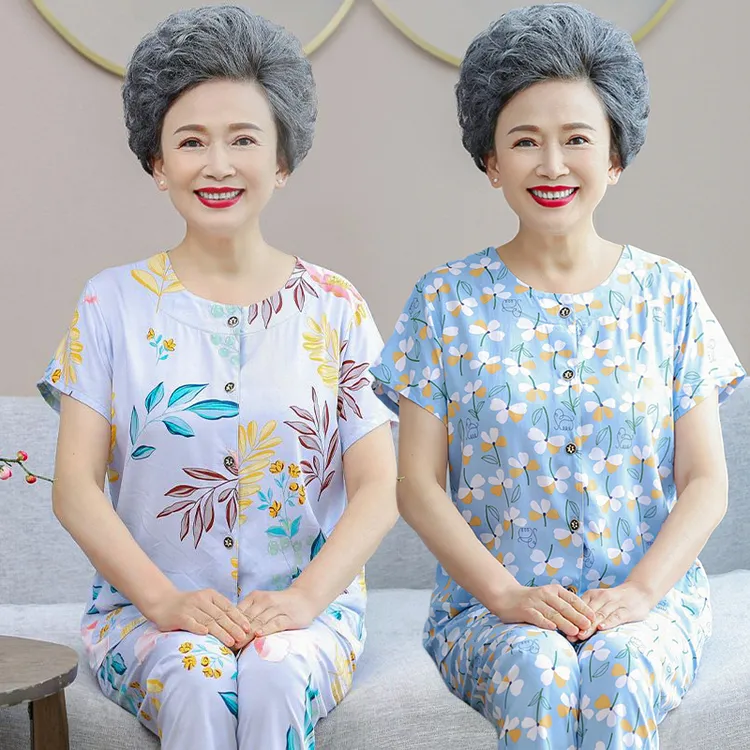 2025妈妈棉绸睡衣女中老年人夏季薄款圆领短袖开衫家居服空调服