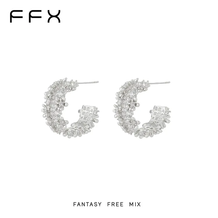 铜合金合成锆石耳饰 弗弗西FFX【漫花坞】轻奢超闪立体花朵耳圈耳环