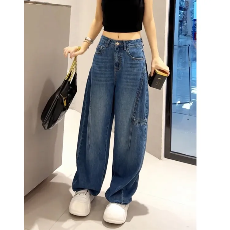 大码阔腿牛仔裤女秋冬高腰新款爆款裤子胖mm显瘦工装直筒弯刀裤