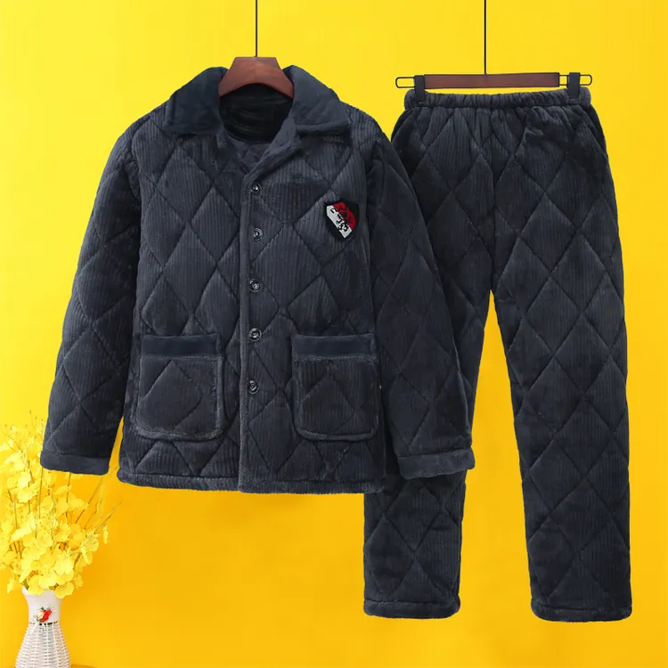 冬季三层加厚加绒珊瑚绒夹棉男士法兰绒中老年家居服套装棉睡衣