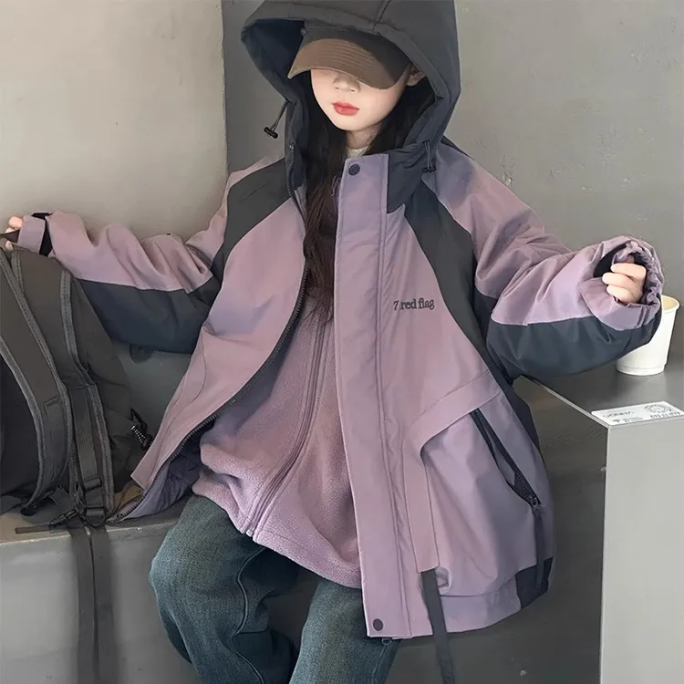 女童冲锋衣三合一夹棉秋冬装2024新款中大童连帽拉链外套加厚防水