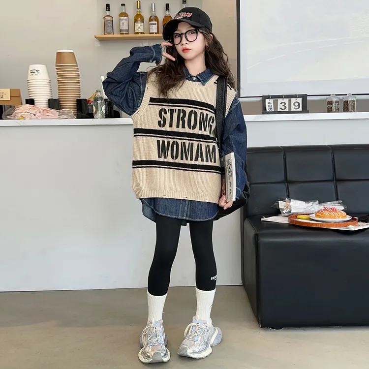 女童秋装牛仔衬衫马甲套装2025新款洋气儿童装上衣大童女孩三件套