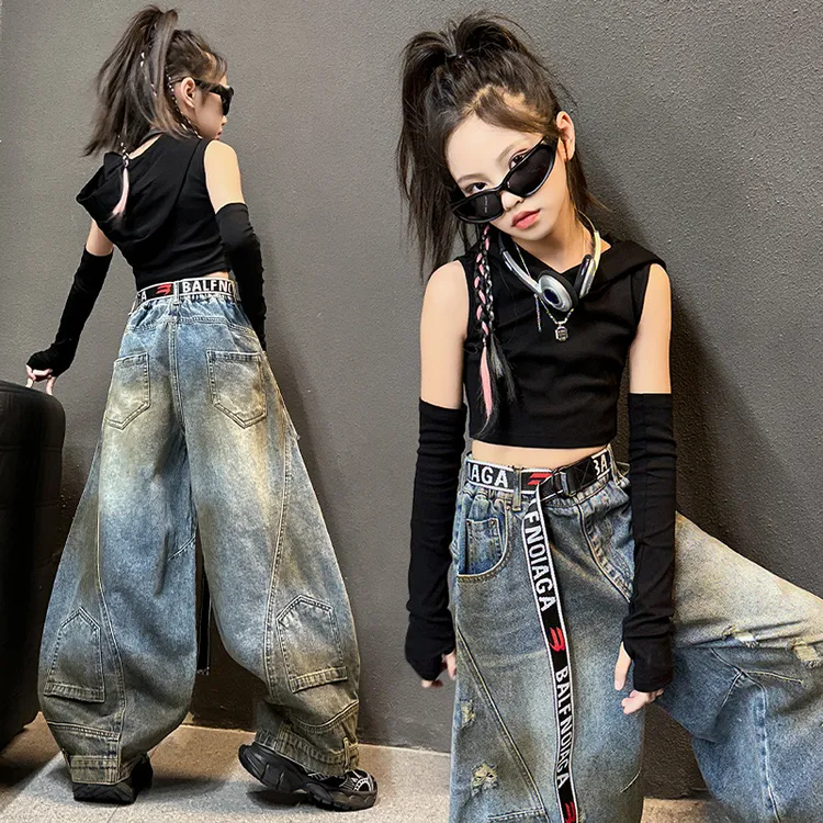 女童爵士舞个性套装2025韩版霸气街舞帽衫上衣小女孩露脐走秀服