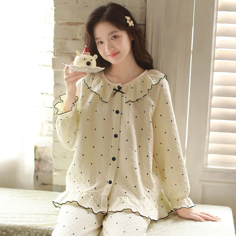 睡衣女冬季厚款可爱波点娃娃领睡衣套装纯棉三层夹棉甜美家居服