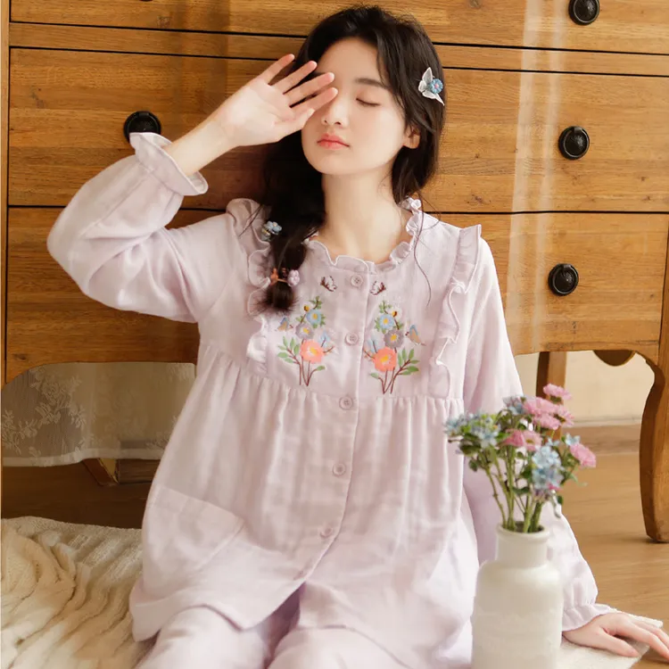 『蝶恋花』睡衣女春秋款纯棉三层纱布甜美少女纯欲风家居服两件套