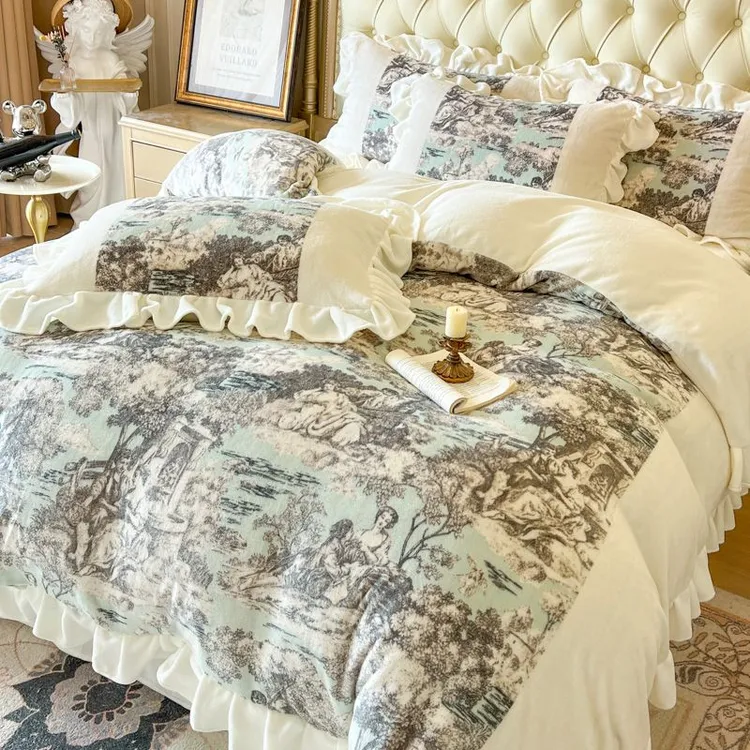 轻奢法式复古风双面牛奶绒四件套冬季加绒裸睡花边床单被罩三件套