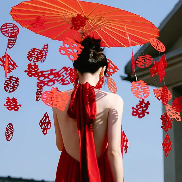 新中式婚伞结婚旗袍晨拍喜字红伞新娘拍照道具迎亲出嫁伞秀禾拍摄