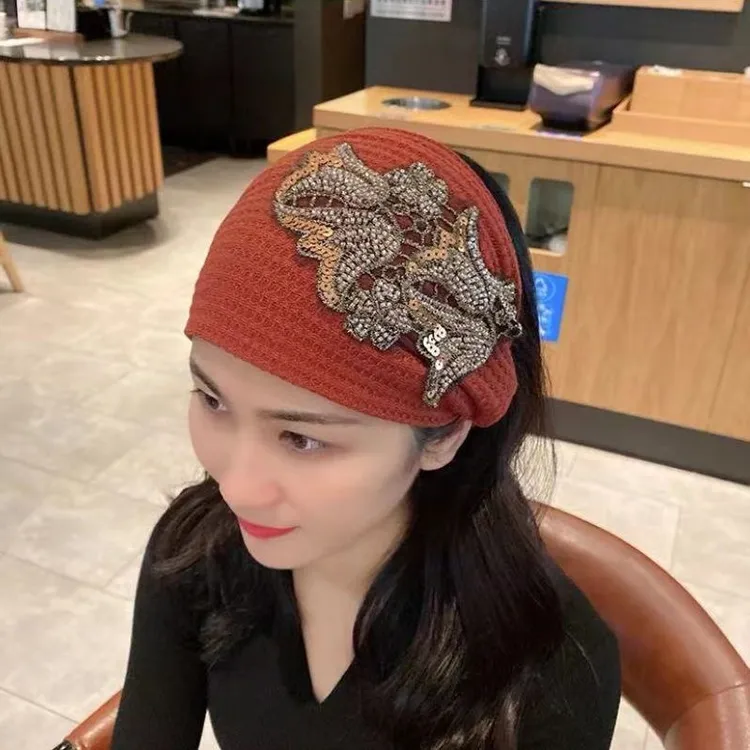 网红款玫瑰花刺绣复古针织保暖发带外出时尚百搭头饰套头发带