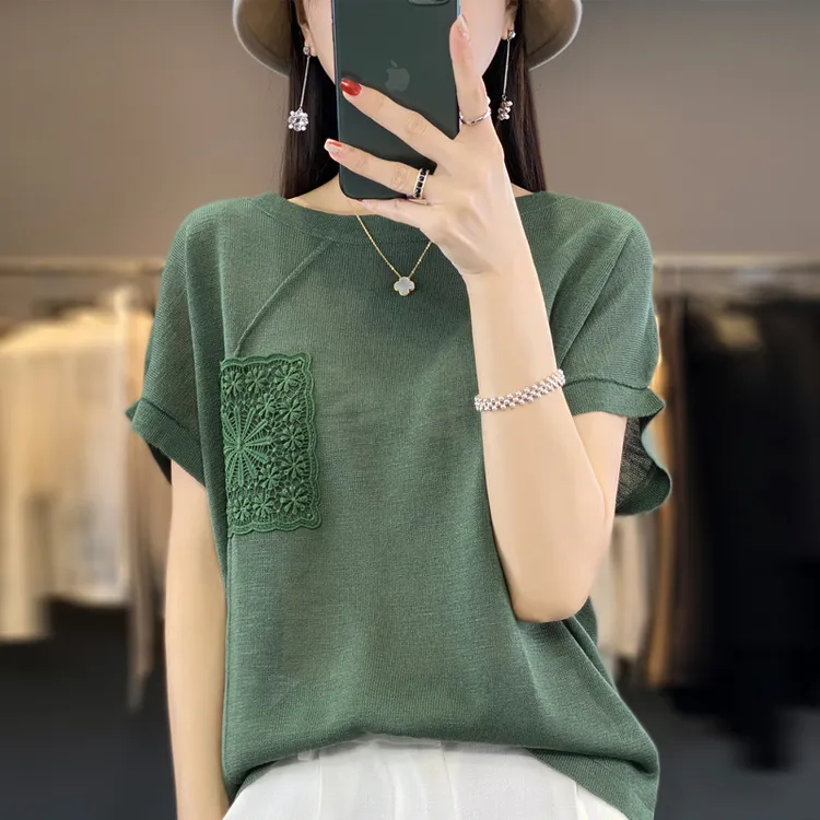 冰丝高档气质短袖t恤针织衫半袖女夏季洋气减龄别致薄款女款上衣