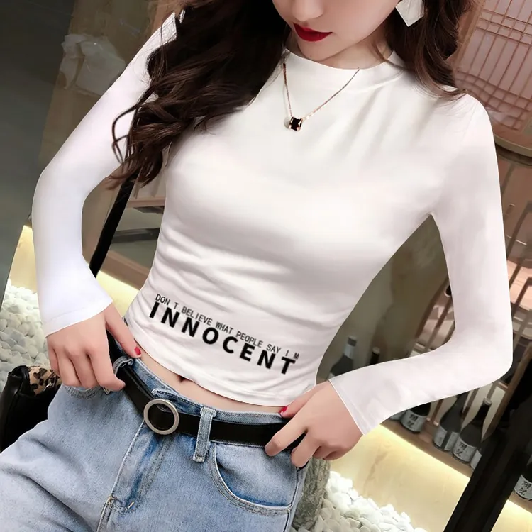 早秋短款长袖印花T恤女2024新款白色打底衫女款冬季打底衫女内搭