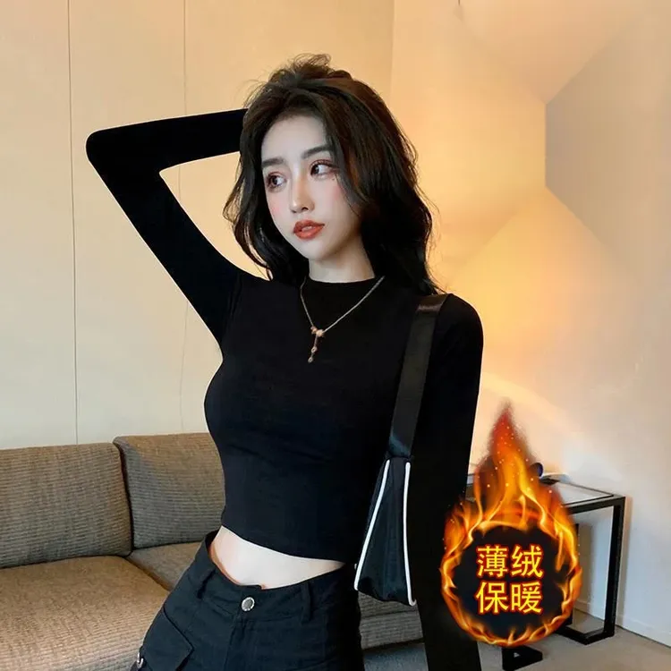 半高领打底衫女保暖紧身显瘦内搭新款秋冬加绒露脐上衣小个子服饰