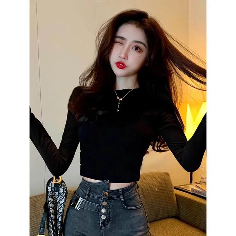 黑色长袖T恤女2024秋冬款紧身显瘦百搭打底衫女款纯欲慵懒风女装