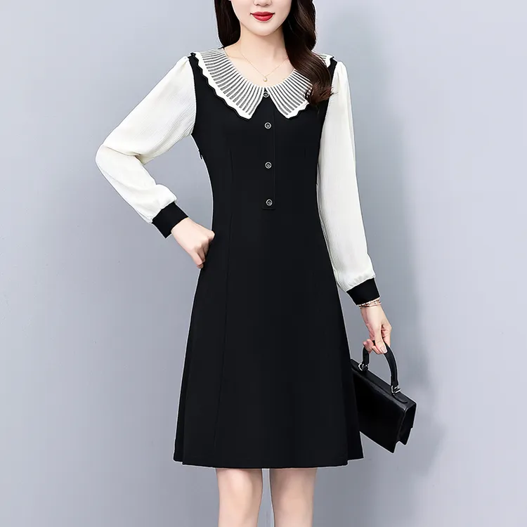 娃娃领修身显瘦大码女装胖mm胖妹妹淑女长袖假两件套连衣裙春秋季