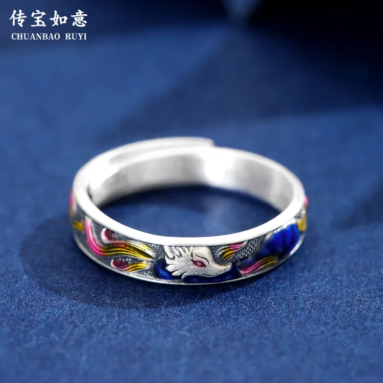 足银戒指 9999足银九尾灵狐戒指女纯银珐琅彩时尚国风景泰蓝指环