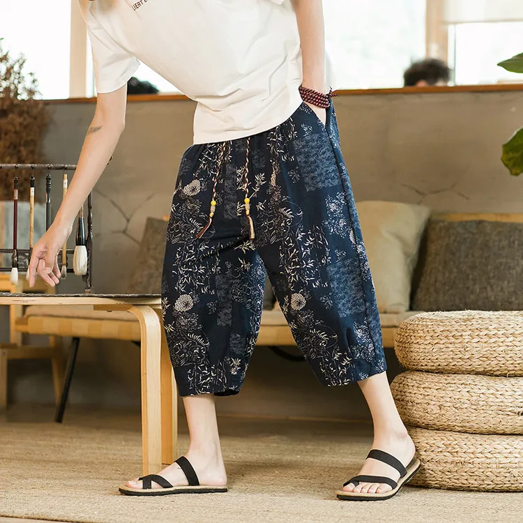 中国风男士薄款夏季休闲裤男款七分直筒裤印花中裤短裤胖子加大码