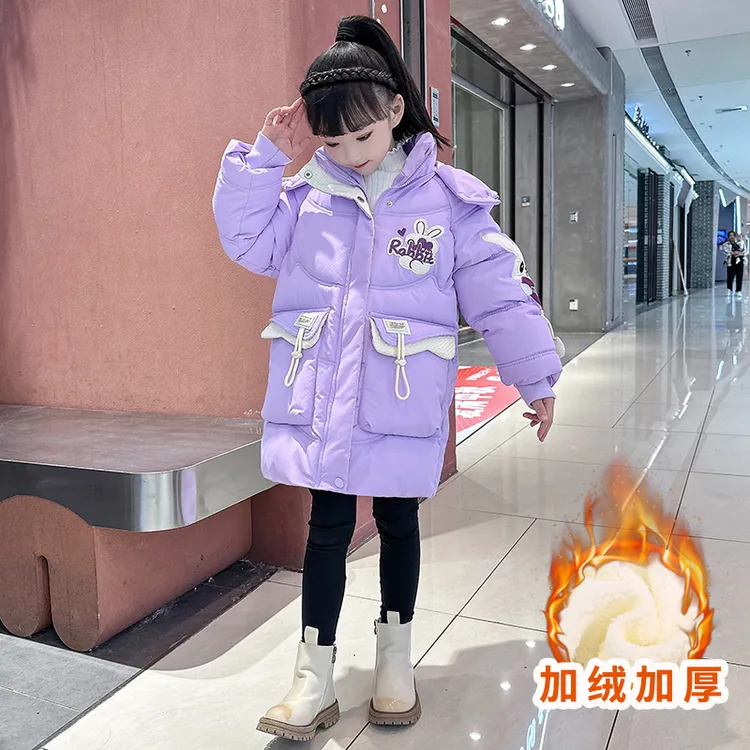 2024女童加绒加厚时尚刺绣款棉服外套中长款韩版冬季棉服保暖外套