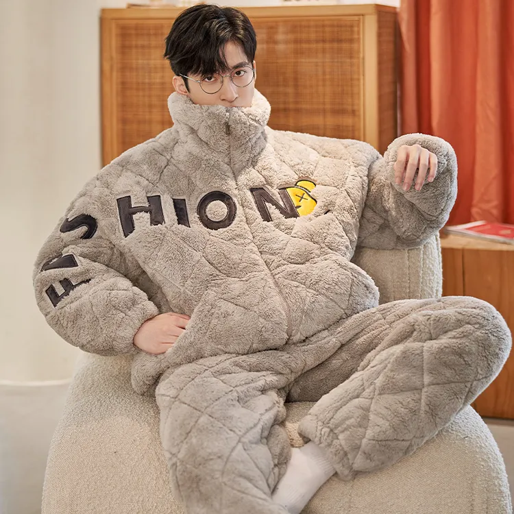 【特厚抗寒睡衣三层】夹棉袄珊瑚绒秋冬款外出男加厚加绒家居服