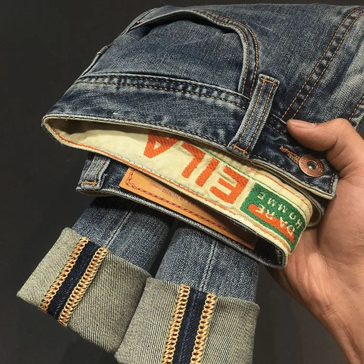 秋冬新款高端潮男牛仔裤百搭刺绣直筒弹力裤子潮流蓝色显高修身裤