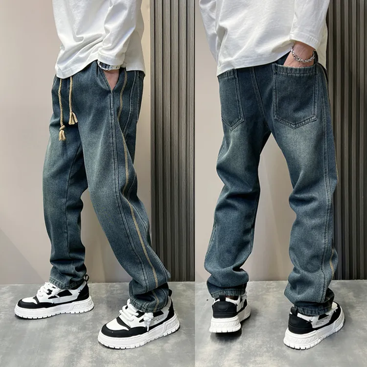 2024冬季加绒宽松直筒阔腿裤潮牌水洗牛仔裤男士复古美式炸街休闲