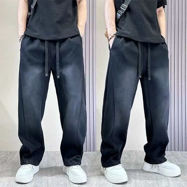 秋冬新款男士渐变色垂感卫裤太空休闲裤美式高街宽松直筒阔腿长裤