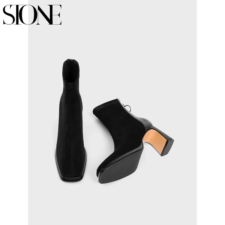 石头家 黑色绒面短靴女高跟鞋秋冬2024新款小个子增高粗跟瘦瘦靴