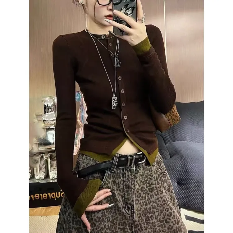 美式辣妹修身针织衫女秋冬新款别致设计感假两件撞色打底开衫上衣