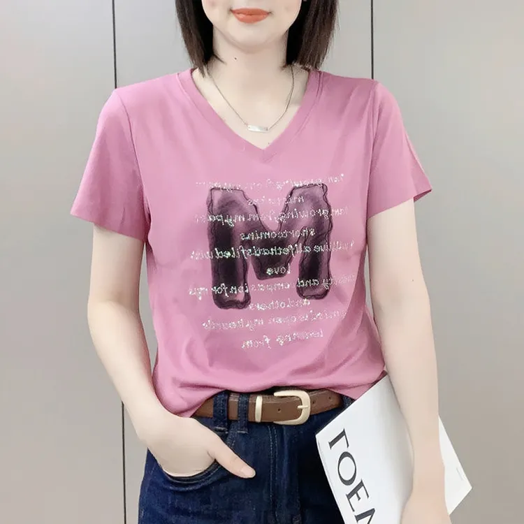 夏季新款时尚V领重工烫钻字母短袖T恤女韩版宽松显瘦套头休闲上衣