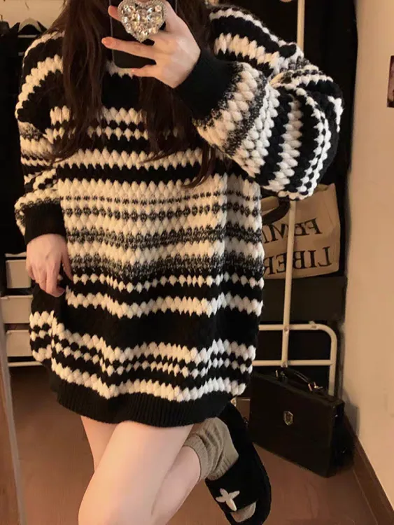 秋冬新款条纹长袖针织毛衣女宽松ins韩版慵懒风加厚套头毛衣女