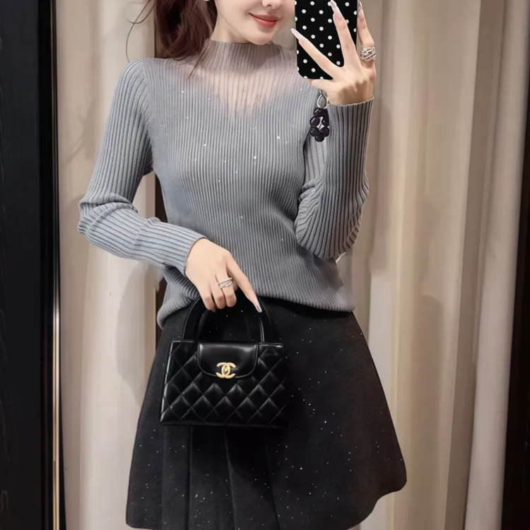 镂空网纱细闪设计感轻奢半高领秋冬内搭上衣女气质烫钻打底衫新款