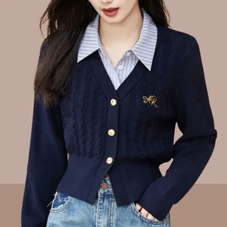 韩版学院风假两件刺绣针织衫女秋冬季新款时尚洋气百搭显瘦上衣服