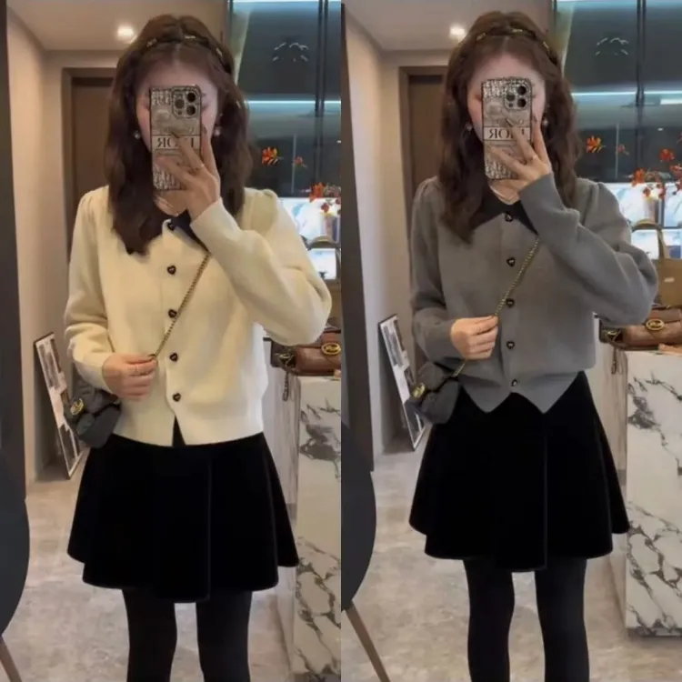 小香风复古轻奢撞色针织开衫女秋冬新款减龄小个子毛衣潮ins显瘦