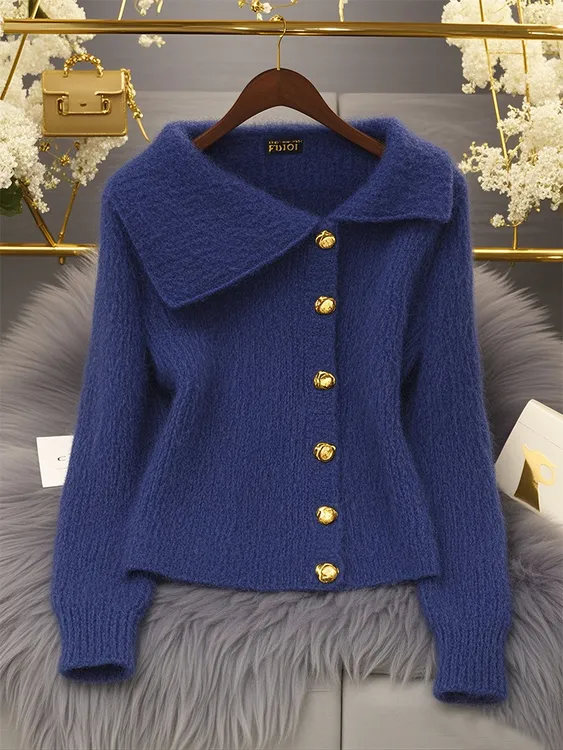 早秋硫酸铜穿搭气质上衣小众高级感超好看韩系慵懒风蓝色针织开衫