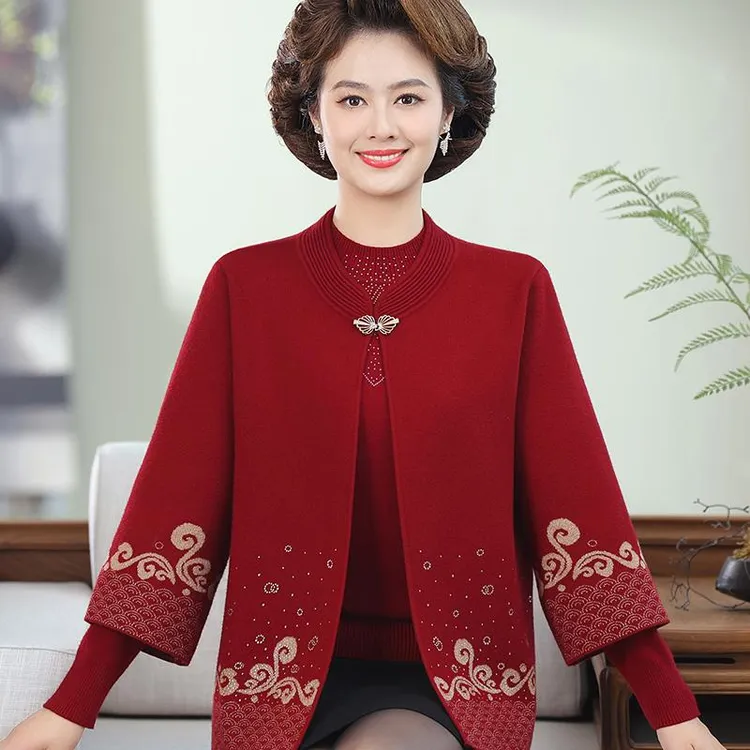 2025新款蛇年本命年妈妈毛衣秋冬套装中老年人女上衣喜庆过年衣服