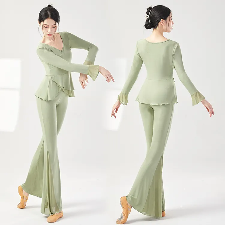 现代舞练功服女长袖形体舞蹈莫代尔网纱上衣鱼尾裤秋冬古典舞纱裙