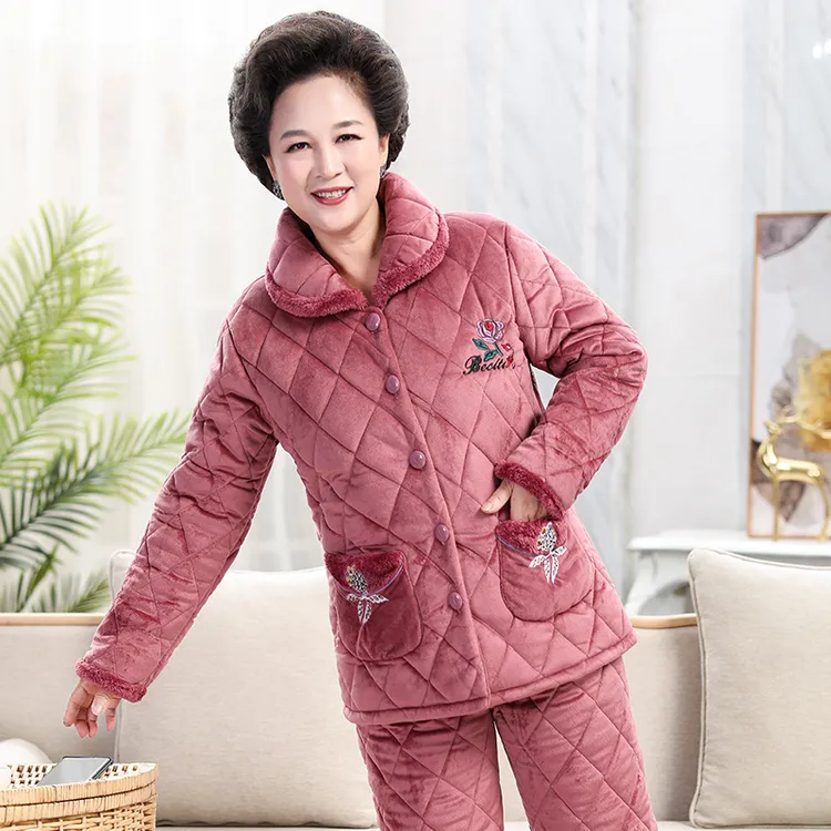 中老年睡衣女冬季珊瑚绒三层夹棉加厚加绒妈妈套装老人保暖家居服