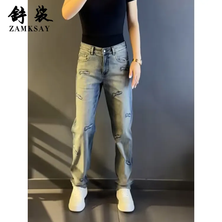 大码男装刺绣牛仔裤2025年秋季小众刺绣提花阔腿潮男裤设计感男士