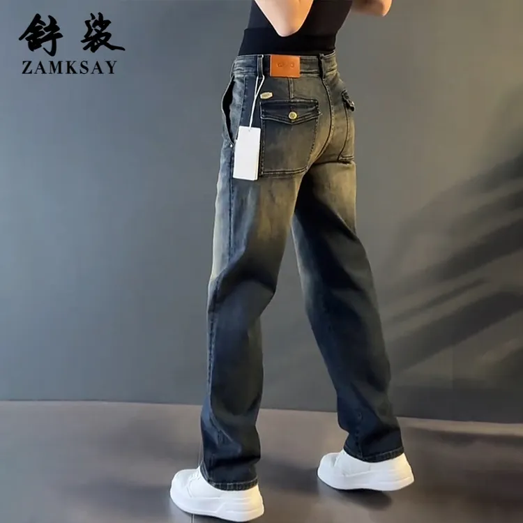 秋冬加绒加厚男士时尚高级感牛仔裤轻奢潮牌直筒休闲宽松百搭长裤